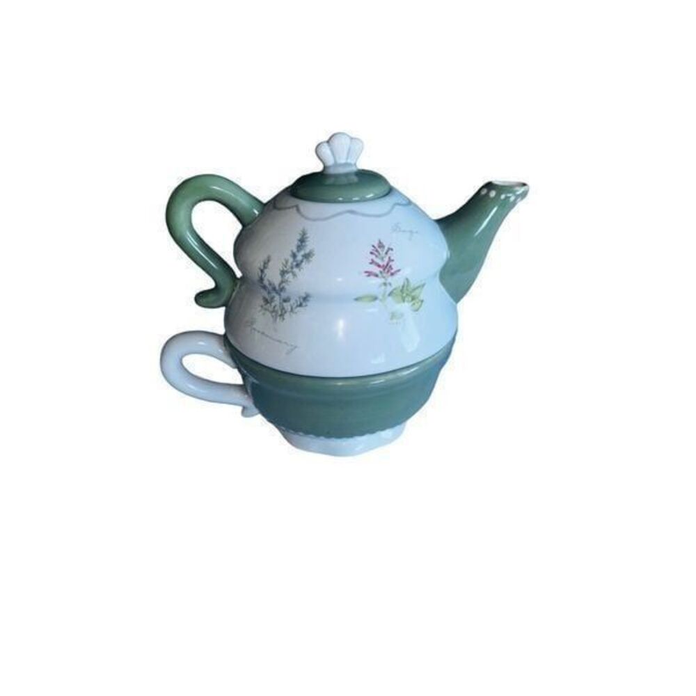 Sonoma Tea set for  1 Stacked Teapot Teacup Herbs Herb Garden 3 pc green/beige